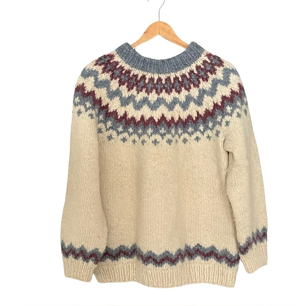 HAND KNIT Wool Fair Isle Nordic Chunky Knit Crew Neck Sweater Cream Blue L